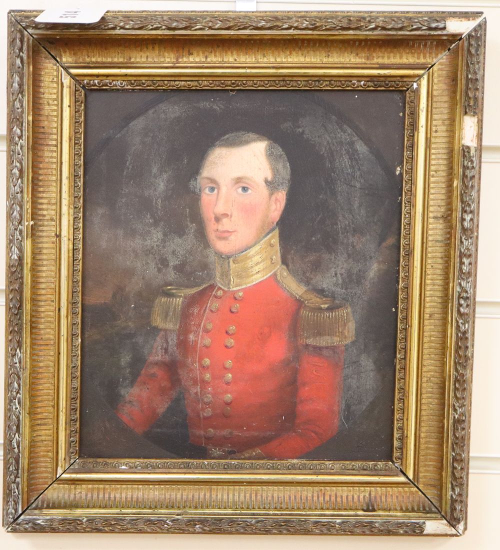 Early 19th century English School, oil on millboard, Half length portrait of an officer of the Firth Highlanders, 23 x 20cm